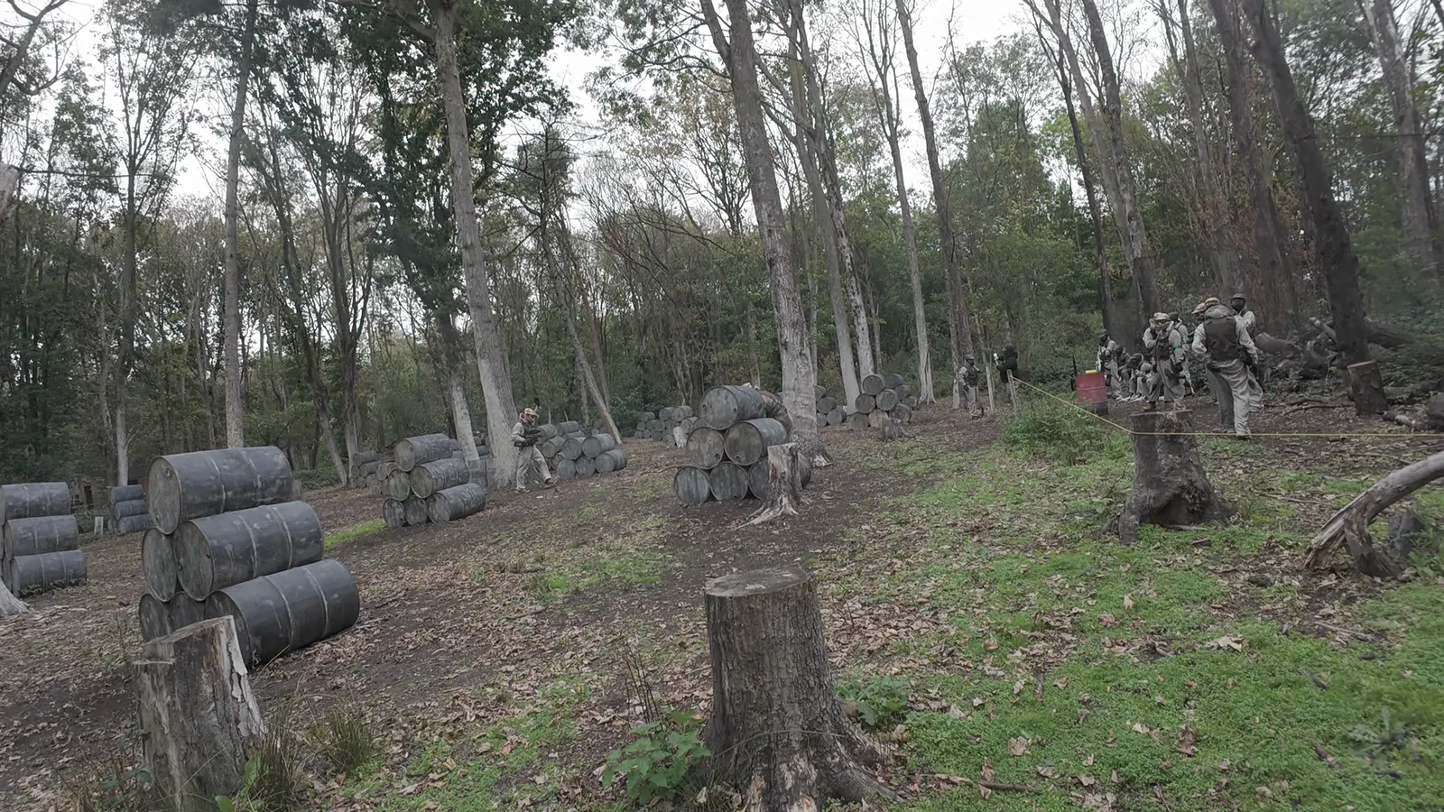 Paintball players taking cover in the woodland course