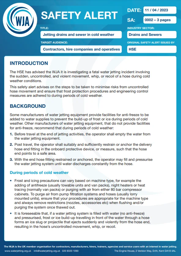 Jetting drains and sewer in cold weather