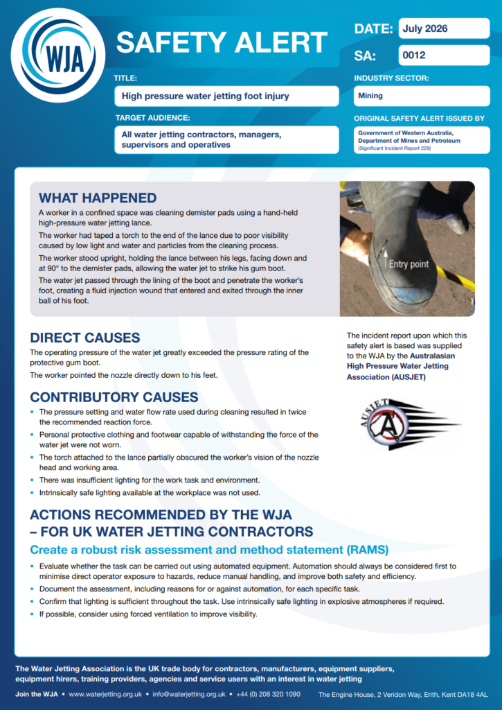High pressure water jetting foot injury